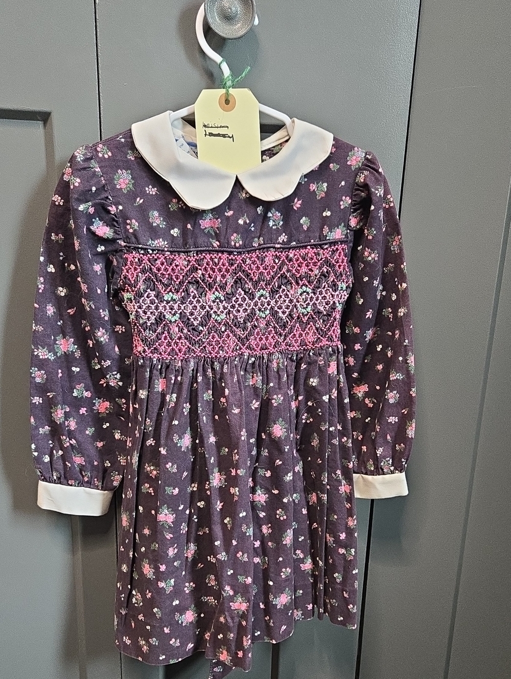 Girls' Purple Floral Smocked Dress with White Peter Pan Collar